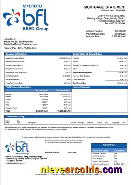 Laos Banque Franco-Lao mortgage statement Word and PDF template